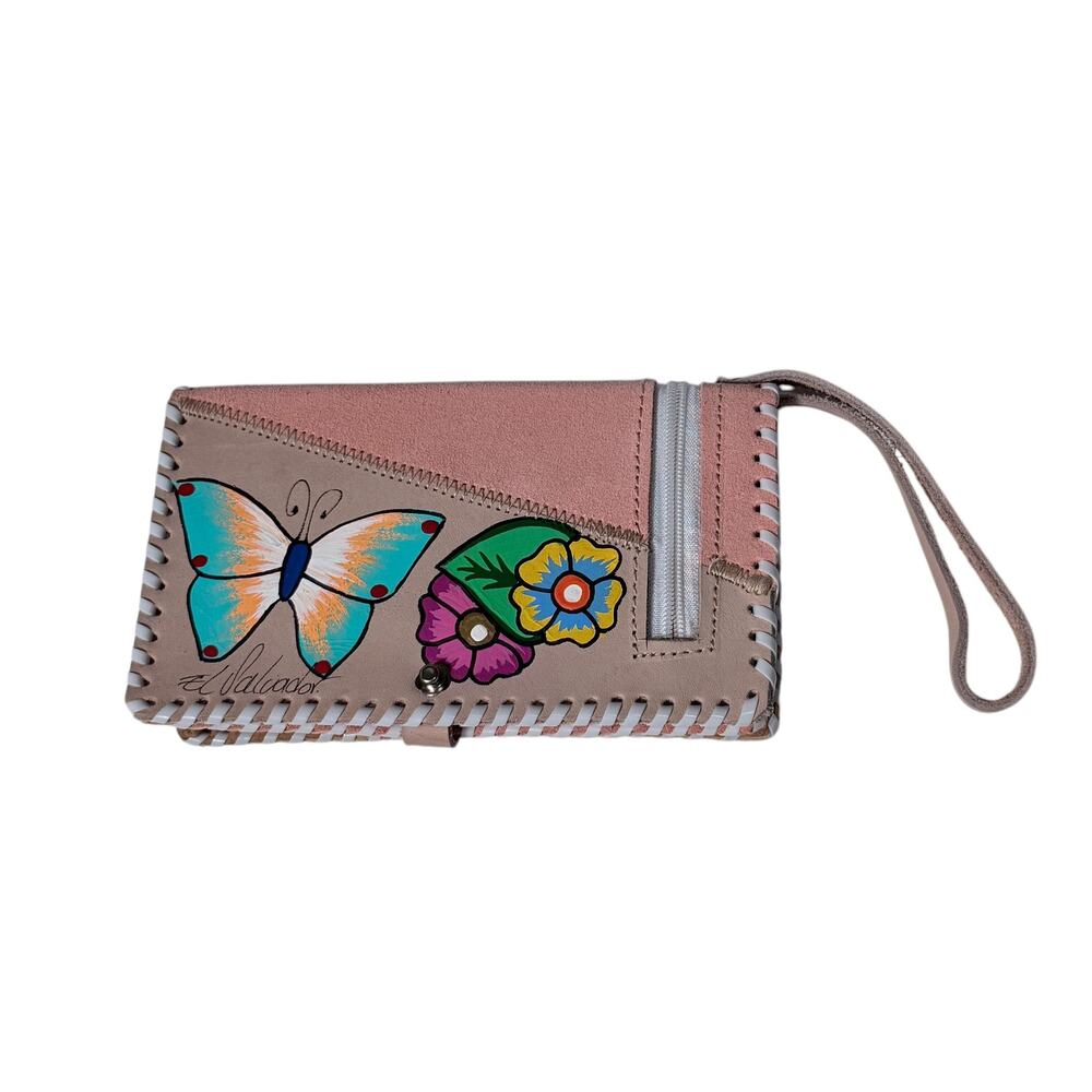 El Salvador Handmade Painted Butterfly Wallet Tan Leather Wrist Bag Snap Mirror